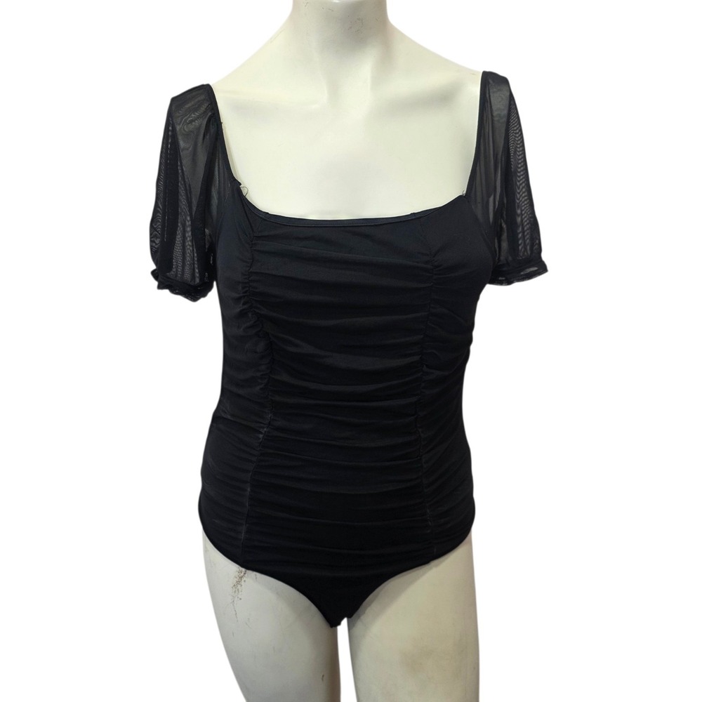 Popular 21 Black Ruched Mesh Sleeve Square Neck Bodysuit Size L Stretch Top